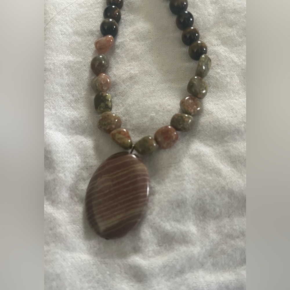 Handmade Tiger eye & Unakite Jasper beaded necklace with Banded Agate pendant.